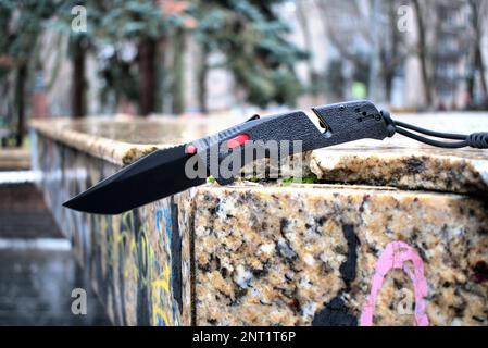 Klappmesser Schneidkante schwarz Handschlaufe para Cord braun Stein grün Grasmakro Stockfoto