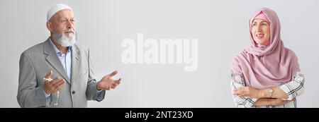 Banner mit reifem muslimischen Mann und Frau auf hellem Hintergrund mit Platz für Text Stockfoto