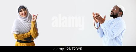 Banner mit jungen muslimischen Männern und Frauen auf hellem Hintergrund mit Platz für Text Stockfoto