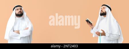 Banner mit muslimischem Mann auf beigefarbenem Hintergrund mit Platz für Text Stockfoto