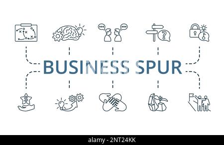 Business Spur Symbolsatz. Einfarbige Simple Business Spur Icon-Kollektion. Taktik, Brain Storm, Kommunikation, Lösung, Problemlösung, Gelegenheit Stock Vektor