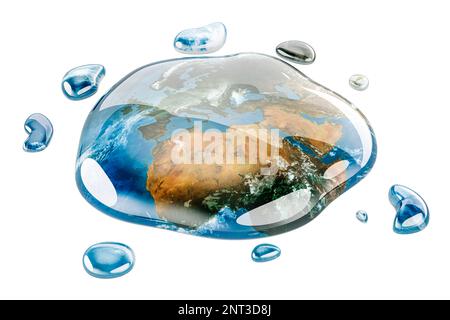 Wassertropfen mit Erdkartenstruktur. Save Water Konzept, 3D-Rendering isoliert auf weißem Hintergrund Stockfoto