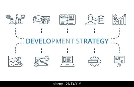 Symbolsatz für Entwicklungsstrategie. Einfarbige Simple Development Strategy Icon-Kollektion. Interessenkonflikt, Zuschüsse, Zusammenfassung, Mission Stock Vektor