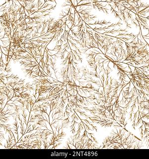 Wasserfarbenes, nahtloses Muster für trockenen Zweig und Blätter. Handbemalte Bo-Bo-Blätter. Blumenmotiv für Design, Druck, Stoff oder Hintergrund. Stockfoto