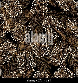 Wasserfarbenes, nahtloses Muster für trockenen Zweig und Blätter. Handbemalte Bo-Bo-Blätter. Blumenmotiv für Design, Druck, Stoff oder Hintergrund. Stockfoto