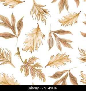 Wasserfarbenes, nahtloses Muster für trockenen Zweig und Blätter. Handbemalte Bo-Bo-Blätter. Blumenmotiv für Design, Druck, Stoff oder Hintergrund. Stockfoto