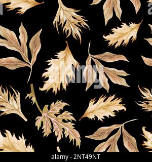 Wasserfarbenes, nahtloses Muster für trockenen Zweig und Blätter. Handbemalte Bo-Bo-Blätter. Blumenmotiv für Design, Druck, Stoff oder Hintergrund. Stockfoto