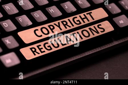 Textzeichen mit Copyright-Bestimmungen. Geschäftskonzepte, die die Originalwerke der Urheberschaft regeln Stockfoto