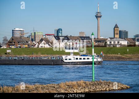 Die Skyline von Düsseldorf mit den Wolkenkratzern im Medienhafen, Rheinturm, vor Wohngebäuden am Rhein im Stadtteil Hamm, D. Stockfoto