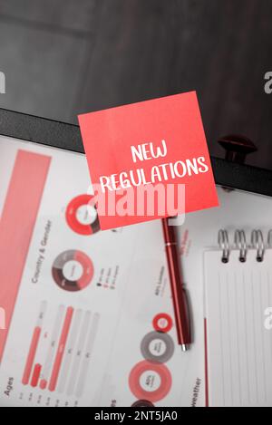 Textzeichen mit neuen Vorschriften. Konzeptionelle Fotoregulierung, die die normalerweise von Regeln verwendete Aktivität steuert. Stockfoto