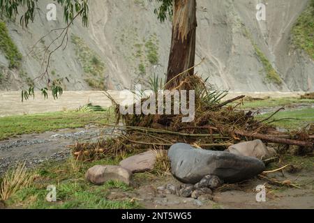 Nach dem Zyklon Gabrielle, als das Wasser des Flusses Rangitikei zurückgeht und Trümmer, Schäden und eine Säuberung hinterlässt Stockfoto