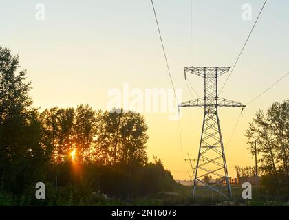 Der Endanker unterstützt Überlandleitungen mit Drähten am Horizont bei einem hellen Sonnenuntergang im Wald durch Metallstangen und -Stangen, Rahmen. Stockfoto