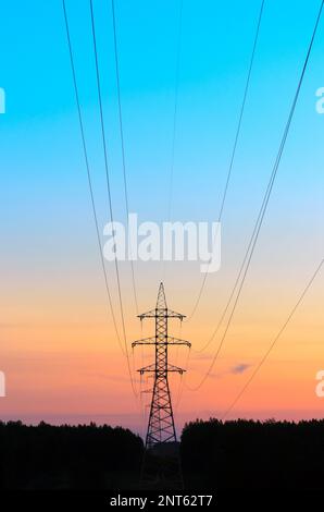 Der Endanker unterstützt Überlandleitungen mit Drähten am Horizont, an einem wunderschönen Abhang des farbenfrohen orangefarbenen Sonnenuntergangs über dunklem Wald Stockfoto