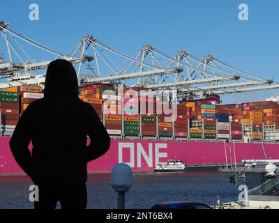 Großes Containerschiff im Hafen von Rotterdam, das aus der Ferne mit einem schattigen Typ entladen wird. Es ist unmöglich, den Inhalt von Ever zu überprüfen Stockfoto