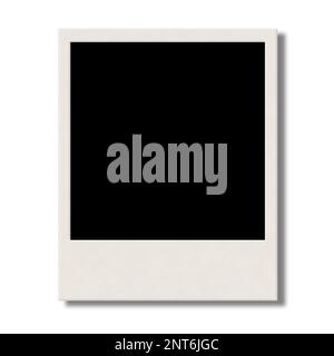 Vorderansicht eines leeren Polaroid-Bilderrahmens mit Kopierbereich. Die Mitte lässt sich leicht herausschneiden und durch ein Foto ersetzen. Stockfoto