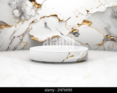 Podium-Bühne aus weißem Marmor mit goldfarbenem rundem Podium für die Produktpräsentation. 3D-Rendering-Abbildung Stockfoto
