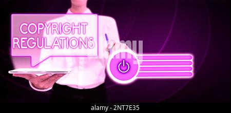 Textzeichen mit Copyright-Bestimmungen. Der Begriff bedeutet eine Rechtsordnung, die die Originalwerke der Urheberschaft regelt Stockfoto