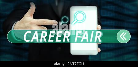 Inspiration mit dem Schild „Career Fair“. Wort für eine Veranstaltung, bei der Arbeitsuchende mögliche Arbeitgeber treffen können Stockfoto