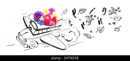 Kreatives Layout mit Blumen und Schmetterlingen. Minimalkonzept für den Frühling. Stockfoto