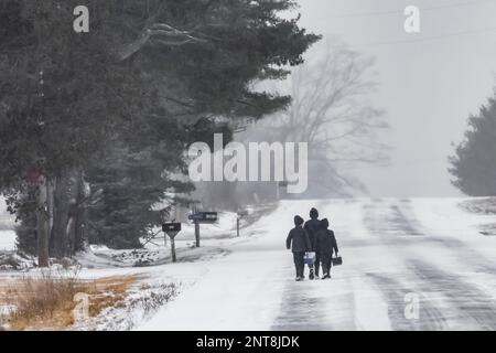 Amish-Jungs, die von der Schule auf einer verschneiten Nebenstraße in Central Michigan, USA, nach Hause gehen [Keine Modellveröffentlichung; nur redaktionelle Lizenzierung] Stockfoto