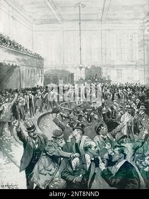 Die Überschrift von 1896 lautet: "Scene in New York Gold Room am Black Friday 24. September 1869, gezeichnet von C S Reinhart aus Fotos und Beschreibungen von Augenzeugen." Black Friday, in der Geschichte der USA, eine Panik am Wertpapiermarkt, die am 24. September 1869 aufgrund der sinkenden Goldpreise stattfand. Der Absturz war die Folge eines Versuchs von Finanzier Jay Gould und Eisenbahnmagnat James Fisk, den Goldmarkt in die Enge zu treiben und den Preis zu erhöhen. Stockfoto