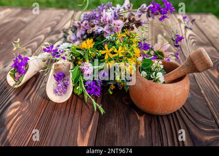 Sommer Heilkräuter - Johanniskraut, Kamille, Kleeblatt in der Nähe von Holzmörtel. Herstellung von Medikamenten aus natürlichen Pflanzen durch Kräuterkundige Stockfoto