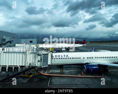 Flugzeuge von Delta Airlines warten am Gate, damit Passagiere an einem bewölkten Tag an Bord gehen können Stockfoto