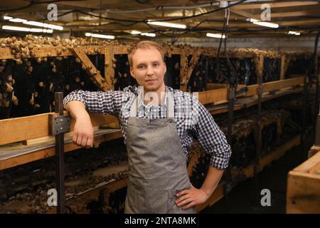 Arbeiter in der Nähe des Stands mit Schnecken auf dem Hof Stockfoto