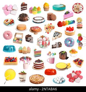 Mit verschiedenen leckeren Desserts auf weißem Hintergrund Stockfoto