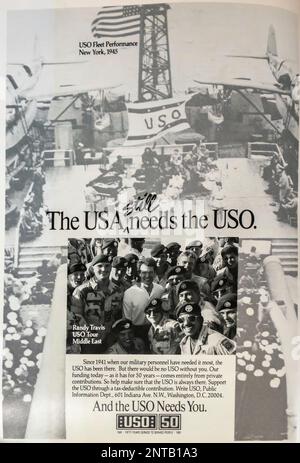 USO – United Service Organizations Nonprofit Charitable Corporation Advert in einem Magazin in NatGeo, januar 1991 Stockfoto