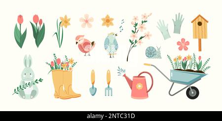 Outdoor-Illustrationsset für Frühlingsgärtnereien. Vektorpflanzen, Blumen, Vögel und Gartengeräte, saisonale flache Sammlung isoliert Stock Vektor
