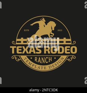 Retro-Rodeo-Emblem-Logo mit Reitsilhouette. Wildwest-Rodeo-Abzeichen im Vintage-Stil. Vektordarstellung. Dunkler Hintergrund Stock Vektor