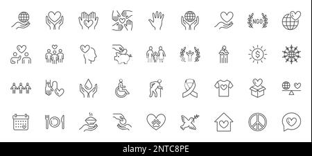 Symbole für wohltätige Zwecke festgelegt. NGO-Fonds, gemeinnützige Stiftung, Altenpflege, Freiwilliger, Blutspender, Lebensmittelspende, soziale Hilfe, Vektordarstellung. Umriss Stock Vektor