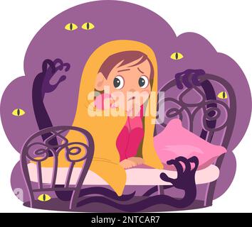 Kinder fürchten sich. Kinderalpträume. Verängstigtes Baby im Bett. Nachtphobie. Ein verängstigtes Mädchen schimpft in der Dunkelheit über Schwarze oder Monsteraugen. Ängstliche Geisterhände Stock Vektor