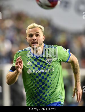 26. Februar 2023: = während des MLS-Fußballspiels zwischen den Colorado Rapids und dem Seattle Sounders FC im Lumen Field in Seattle, WA. Korrigiert eine frühere Version dieses Fotos mit einer falschen Überschrift. Steve Faber/CSM Stockfoto