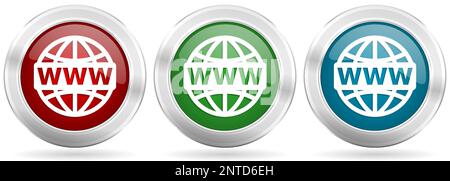 Web-, www- und Internet-Vektor-Symbolsatz. Rote, blaue und grüne silberfarbene metallische Netzknöpfe mit Chromrand Stock Vektor