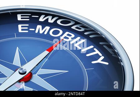 3D-Darstellung eines Kompasses mit dem Wort E-Mobilität Stockfoto