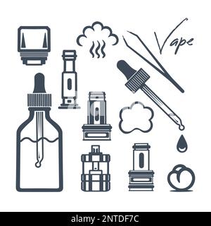 Verschiedene Arten von Verdampfern, ein Tropfen Flüssigkeit aus einer Pipette, Watte und anderes Zubehör. Vape-Shop-Ikonen. Isoliert auf weißem Hintergrund. Vec Stock Vektor