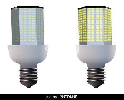 Hier sehen Sie zwei Maiskolben-LED-Lampen, isoliert auf einer 3-D-Abbildung Stockfoto