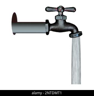 Wasser fließt aus einem alten Wasserhahn in einer 3-D-Abbildung Stockfoto