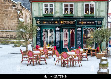 Weltkulturerbe Quedlinburg im Winter mit Schneewintereindrücken Stockfoto