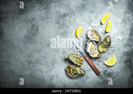 Frische Austern auf Eis, Messer, Zitronensplitter. Rustikaler Steinhintergrund. Offene frische rohe Austern. Draufsicht. Speicherplatz kopieren. Austernbar. Meeresfrüchte. Austern Stockfoto