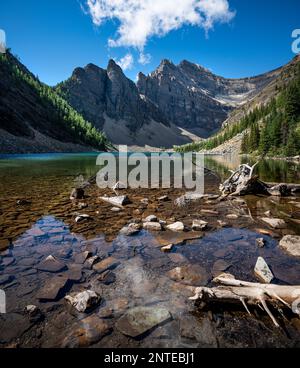 Rocky Mountain Landschaft an einem sonnigen Sommertag entlang der Lake Louise Teehaus Wanderung. Stockfoto