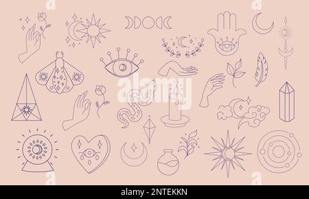 Sammlung esoterischer Elemente. Magische Symbole minimalistische Symbole, Hände und Kristalle, Augen, Sterne und Mond, Blumen Stock Vektor