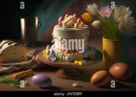 Hausgemachter Osterkuchen, farbenfrohe Eier und Frühlingsblumen auf dem Tisch vor dunklem Hintergrund. Stockfoto