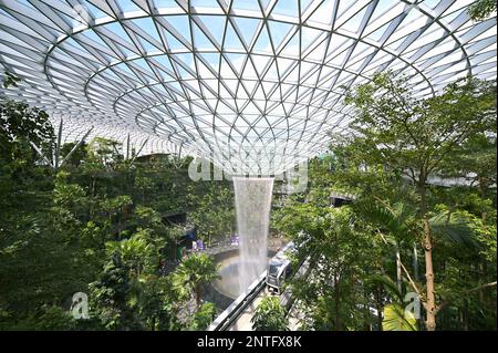 Der weltweit höchste überdachte Wasserfall, der durch das markante ringförmige Dach des oculus of Jewel stürzt, mit dem Terminal-Shuttle-Zug, Changi Stockfoto