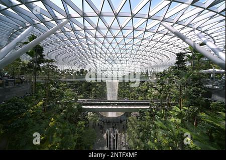 Blick auf den Regenvortex am L5 Jewel Changi Airport mit einem 40 Meter hohen Wasserfall, der durch den oculus mit seiner unverwechselbaren Ringglas- und Stahlfassade fällt Stockfoto