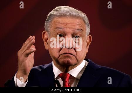 Nicht exklusiv: 27. Februar 2023, Mexiko-Stadt, Mexiko: Mexikanischer Präsident Andres Manuel Lopez Obrador bei der täglichen morgendlichen Pressekonferenz im Nati Stockfoto