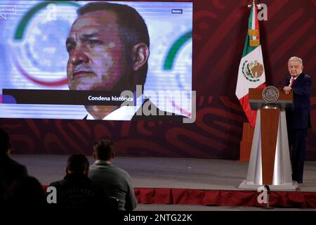 Nicht exklusiv: 27. Februar 2023, Mexiko-Stadt, Mexiko: Mexikanischer Präsident Andres Manuel Lopez Obrador bei der täglichen morgendlichen Pressekonferenz im Nati Stockfoto