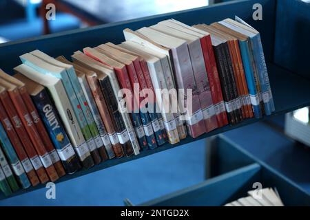 Bücher In Der Bibliothek, Die Geneigt Und Ordentlich Auf Eisernen Regalen Aufbewahrt Werden Stockfoto